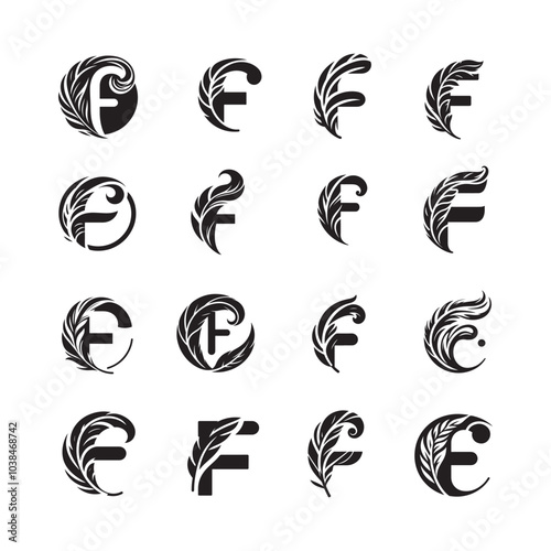 Set of letter F and feather logo template