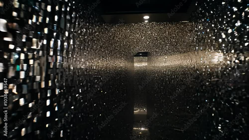 Camera slowly zooms in a dimly lit room with mirrored walls, creating a kaleidoscope effect with subtle movements and low key lighting