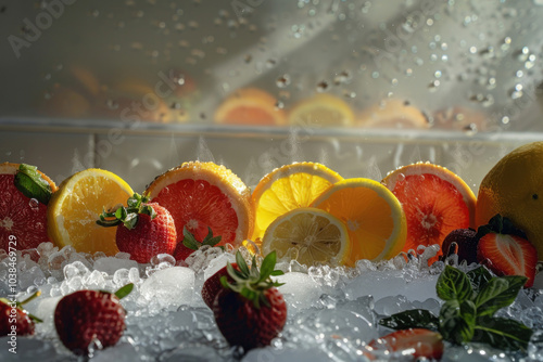 A refreshing display of sliced fruits like oranges, lemons, and strawberries placed on a bed of crushed ice, creating a cool, summer vibe with condensation glistening