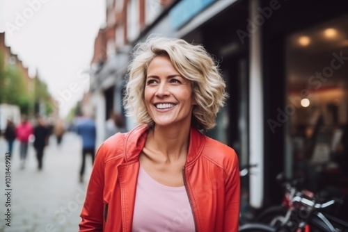 Portrait of a beautiful woman walking in a city street smiling at the camera