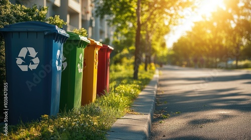 Row of Vibrant Trash Cans with Recycling Symbols in an Urban Park for Sustainable Living