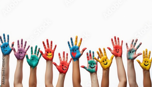 A group of children raises their hands, painted with bright colors and smiley faces, against a white background. The image evokes fun, creativity, and childhood joy.