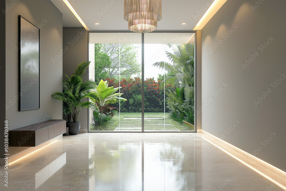 Tall window in a modern house hallway, light marble floors and a futuristic chandelier inside, lush garden visible outside. Tall window in a modern house hallway, light marble floors and a futuristic chandelier inside, lush garden visible outside.