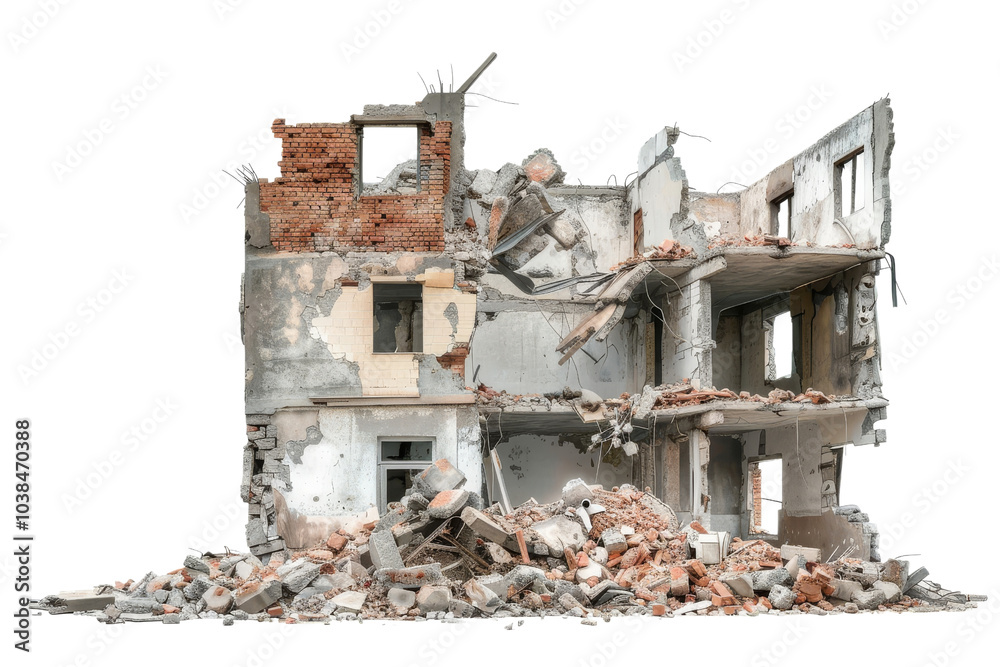 Collapsed Building with Rubble and Debris on Transparent Background Collapsed Building with Rubble and Debris on Transparent Background