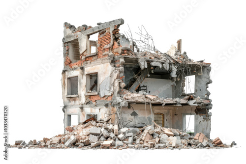 Collapsed Building with Rubble and Debris on Transparent Background