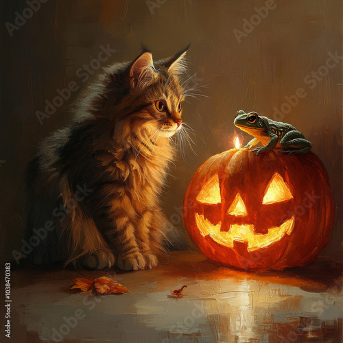 A beautifully detailed cat sits beside a jack-o'-lantern, ready for Halloween. A tiny toad sits nearby, keeping watch as a flickering candle casts shadows. photo