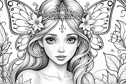 Fairy Tales: A coloring book illustration of a mischievous fairy with delicate wings and a playful smile