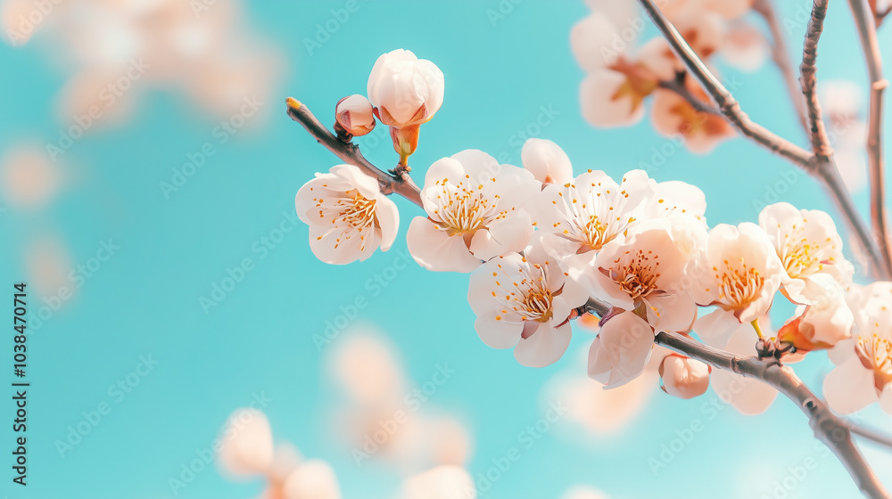 Spring blossom White Apricot flowers blurred sunny blue sky background Spring blossom White Apricot flowers blurred sunny blue sky background