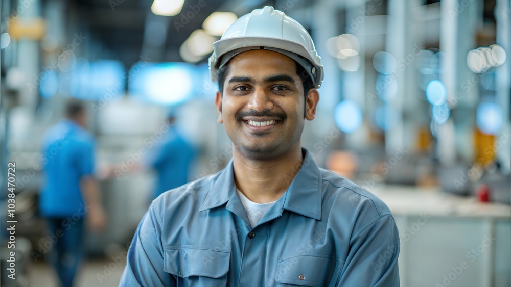 Indian Factory Worker Portrait - Close-up of a smiling Indian factory worker in uniform.
Indian Factory Worker Portrait - Close-up of a smiling Indian factory worker in uniform.
