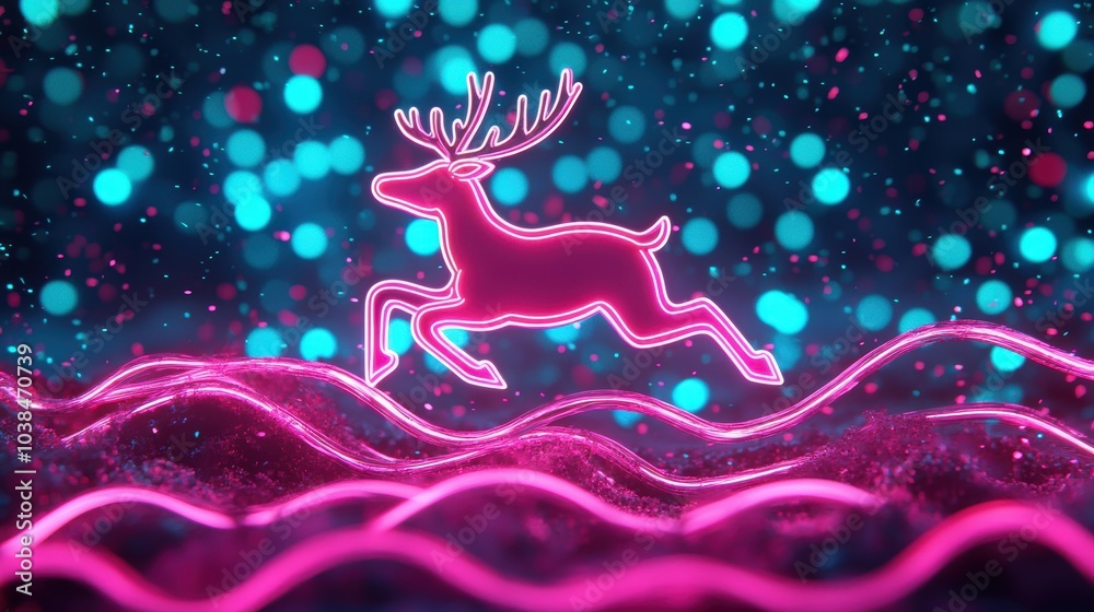 A glowing pink deer runs gracefully through a vibrant, swirling background of turquoise and pink dots, creating a dynamic and whimsical atmosphere. A glowing pink deer runs gracefully through a vibrant, swirling background of turquoise and pink dots, creating a dynamic and whimsical atmosphere.