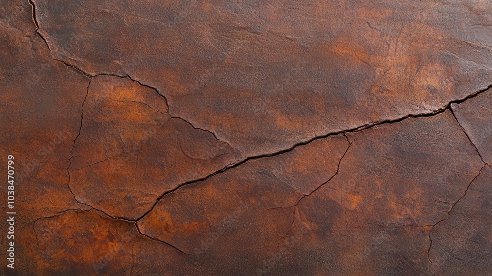 Fototapeta premium Worn dry metal surface with cracks and deep corrosion, detailed texture, side lighting, macro shot