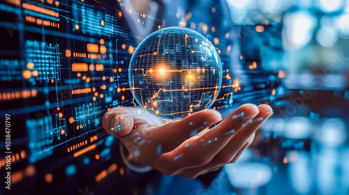 A close-up of a hand holding a glowing digital globe surrounded by intricate data and network lines. This image symbolizes global connectivity, futuristic technology, and innovation in the digital wor