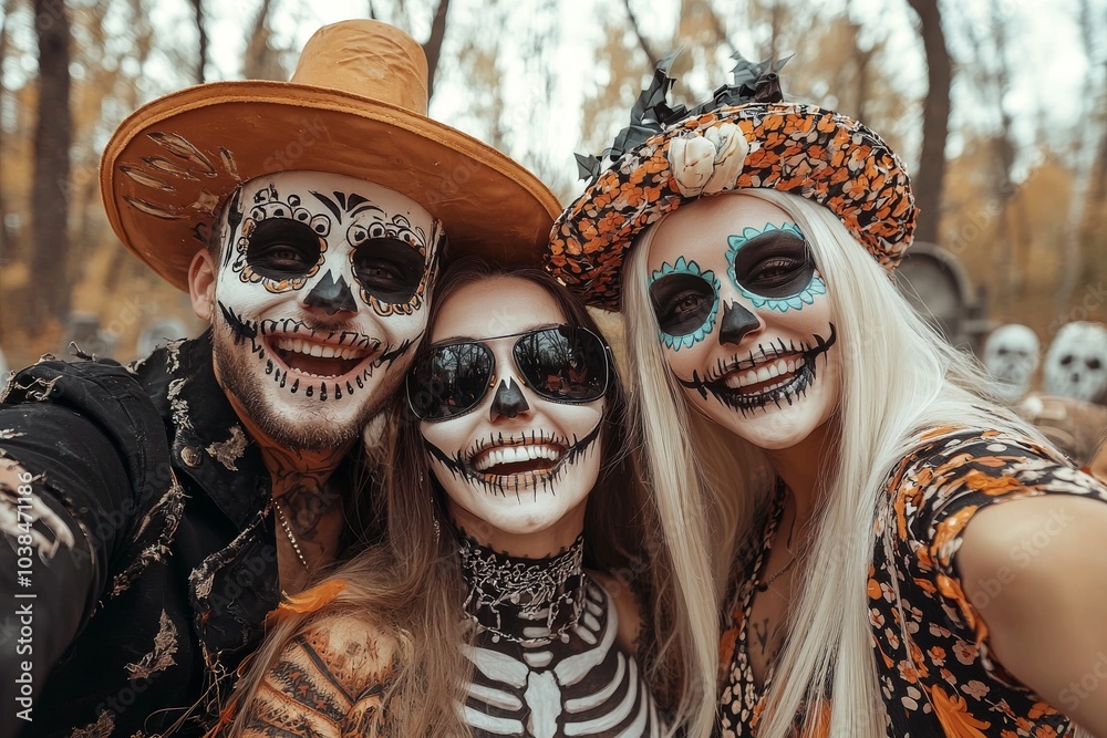 Three friends with skull makeup celebrate Day of the Dead in a vibrant autumn setting.
