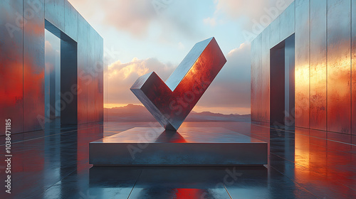 A colossal metallic checkmark stands tall against a backdrop of a fiery sunset and a vast, arid landscape. The image symbolizes the affirmation of a decision or achievement.