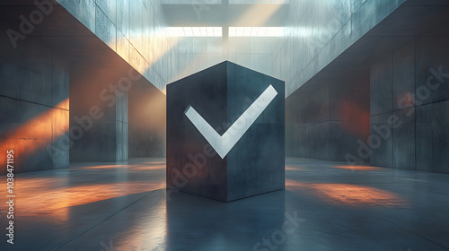 A stark white checkmark emblazoned on a gray cube, standing alone in a vast, concrete chamber bathed in sunlight. The image symbolizes a definitive decision or outcome.