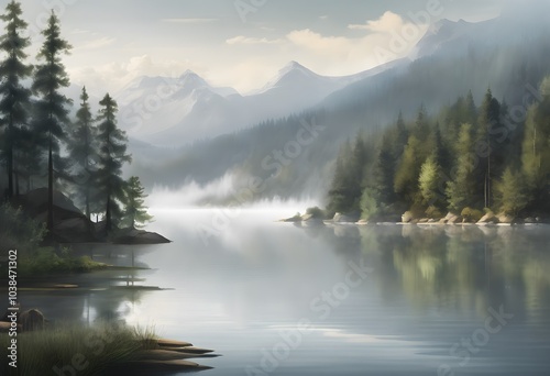 AI genaration watercolor Mountain Mist: AI-Generated Watercolor of a Peaceful Lakeside