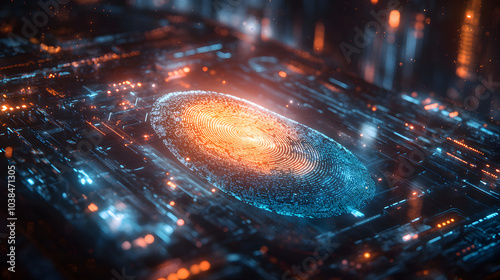 A glowing digital fingerprint, embedded within a complex circuit board, symbolizes the unique identity and security of the digital age. 