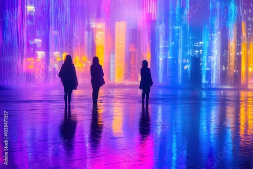 Silhouettes of people in a colorful, illuminated urban setting