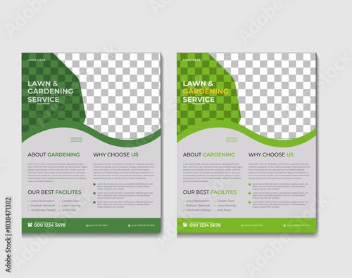 Flyer design template for lawn and gardening services. Design of a poster leaflet for gardening and tree services. Template for lawnmower flyers
