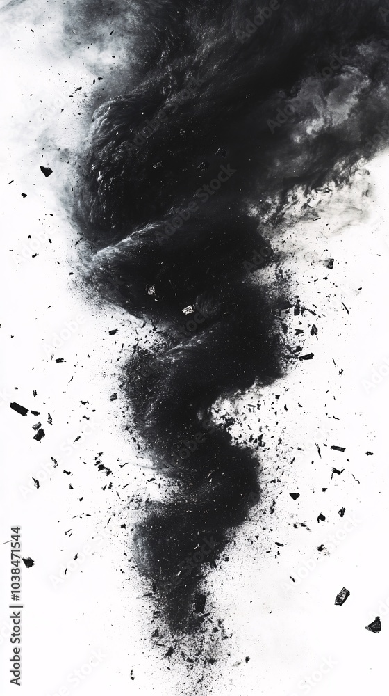 Fototapeta premium Abstract swirling black smoke on a white isolated background, creating a dramatic and artistic visual effect.