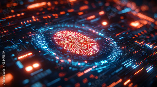 A glowing digital fingerprint, embedded within a complex circuit board, symbolizes the unique identity and security of the digital age. 