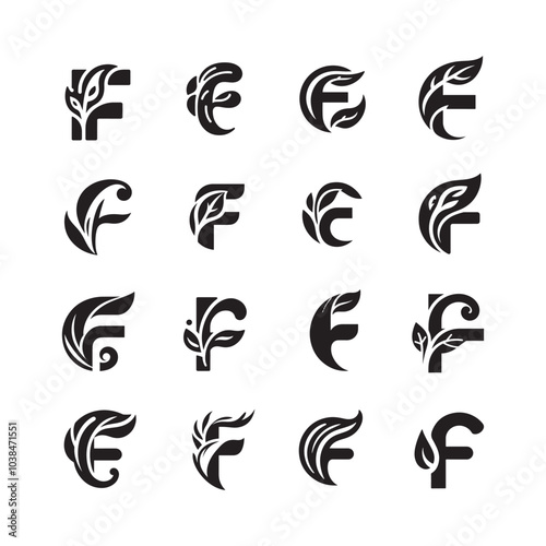 set of letter F logo icons with curved leaf