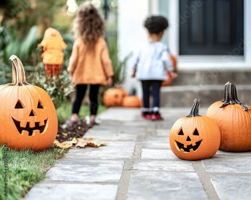 Family creating a haunted house entrance pumpkins glowing on either side of the path