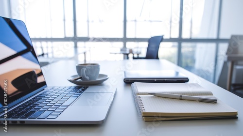 Modern workspace with laptop, notepad, and coffee cup on the table, showcasing a productive environment. photo