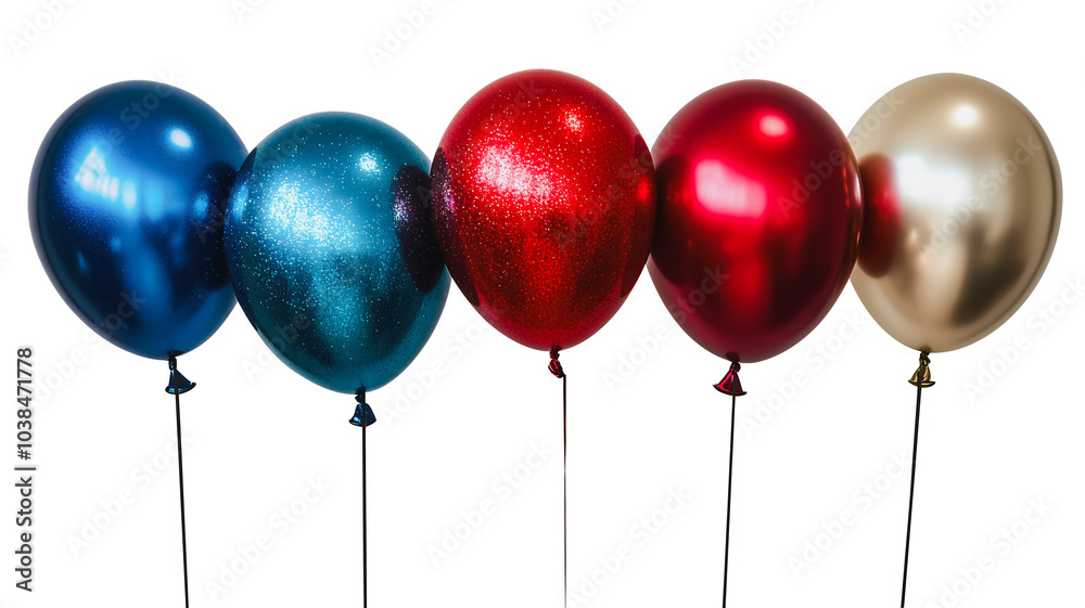A row of balloons in different colors, including blue, red, and gold. The balloons are arranged in a line, with the blue one on the left and the gold one on the right A row of balloons in different colors, including blue, red, and gold. The balloons are arranged in a line, with the blue one on the left and the gold one on the right