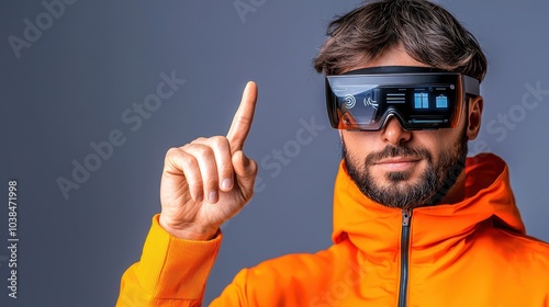 A man wearing augmented reality glasses and an orange jacket demonstrates a gesture with his finger.