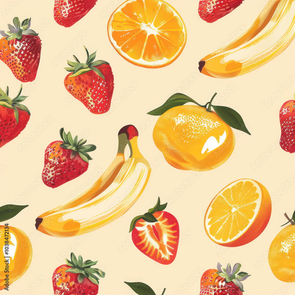 A seamless fruit pattern featuring repeating illustrations of bananas, oranges, and strawberries on a pastel background, perfect for fabric or wallpaper A seamless fruit pattern featuring repeating illustrations of bananas, oranges, and strawberries on a pastel background, perfect for fabric or wallpaper