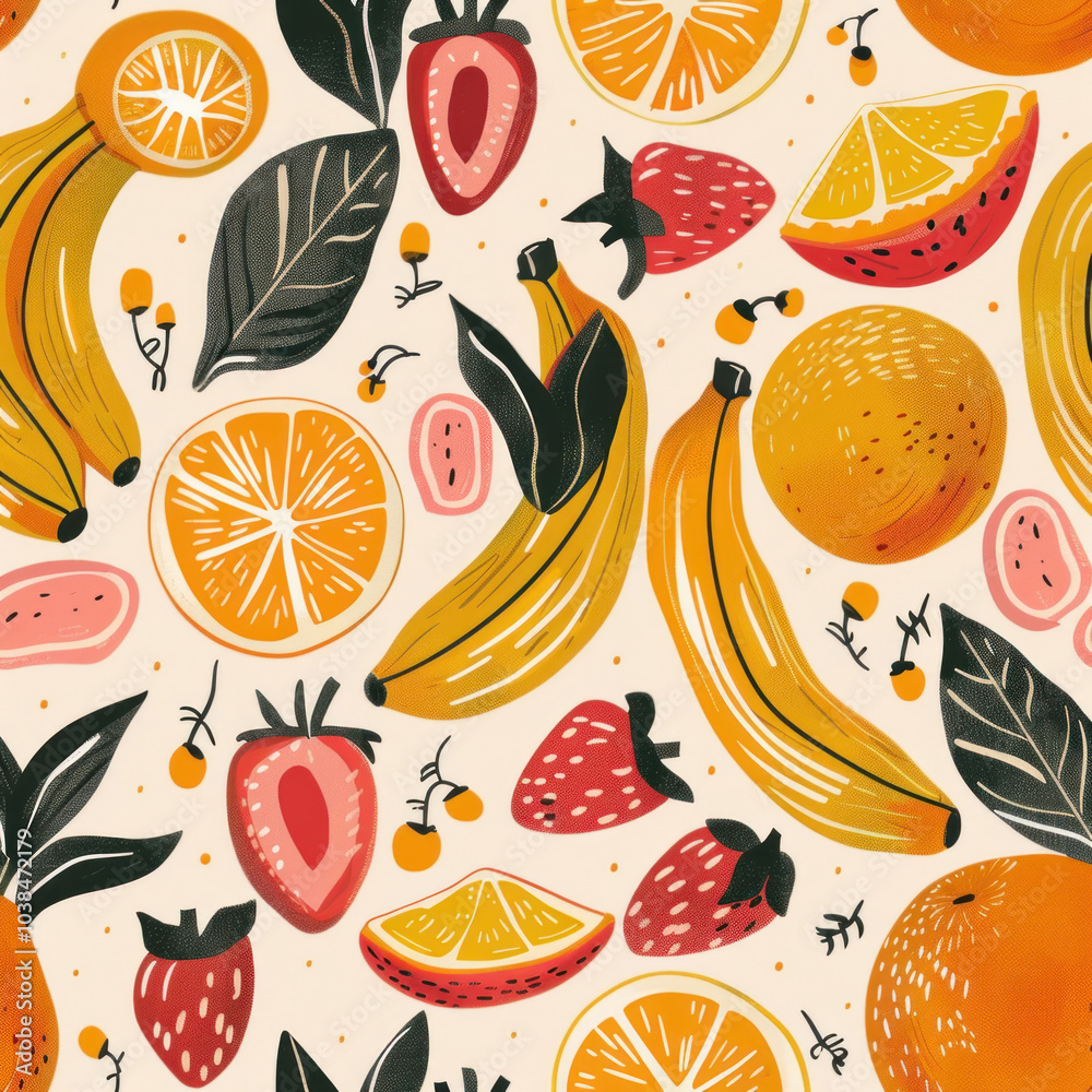 A seamless fruit pattern featuring repeating illustrations of bananas, oranges, and strawberries on a pastel background, perfect for fabric or wallpaper A seamless fruit pattern featuring repeating illustrations of bananas, oranges, and strawberries on a pastel background, perfect for fabric or wallpaper