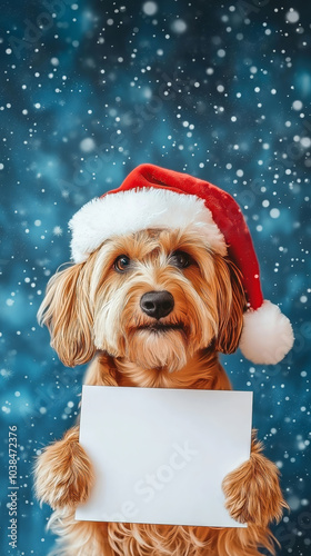 Christmas dog, fluffy Maltese puppy wearing a red santa hat is holding a blank white sign mock-up with snow falling in the blue background with copy space, festive vertical social media template