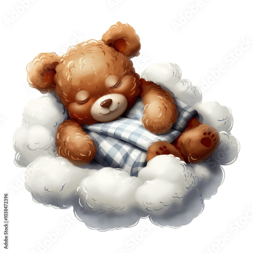 Cute baby teddy bear sleeping on the cloud