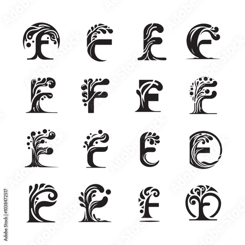 set of letter F logo with tree shape