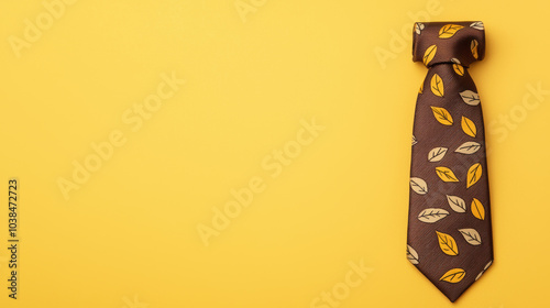 A stylish brown tie with a leaf pattern, set against a vibrant yellow background, perfect for adding a pop of color to formal attire.