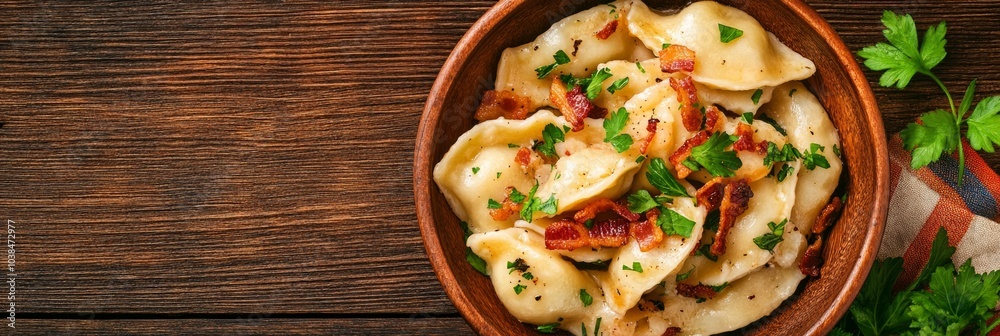 Delicious homemade pierogi topped with crispy bacon, sauteed onions, and fresh herbs on a rustic wooden table Delicious homemade pierogi topped with crispy bacon, sauteed onions, and fresh herbs on a rustic wooden table