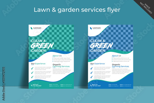 Flyer design template for lawn and gardening services. Design of a poster leaflet for gardening and tree services. Template for lawnmower flyers