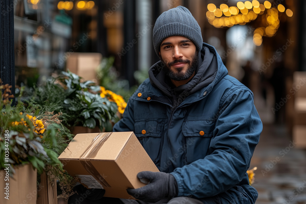 Young stylish courier delivers an order in a box. Young stylish courier delivers an order in a box.