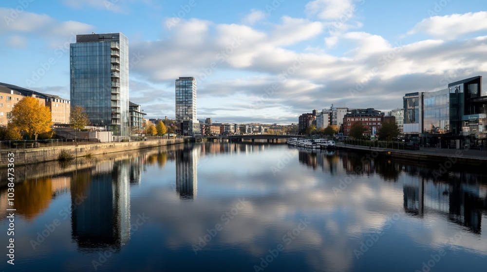 Urban landscape with modern buildings reflecting in a river. Urban landscape with modern buildings reflecting in a river.