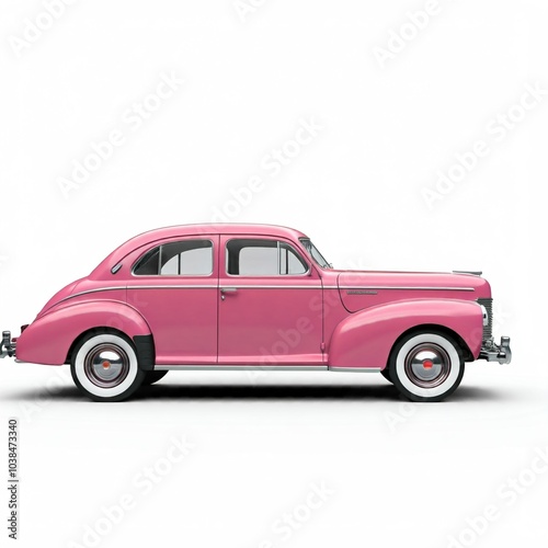 vintage sedan with white-wall tires, side view of 1940s pink car isolated on white background