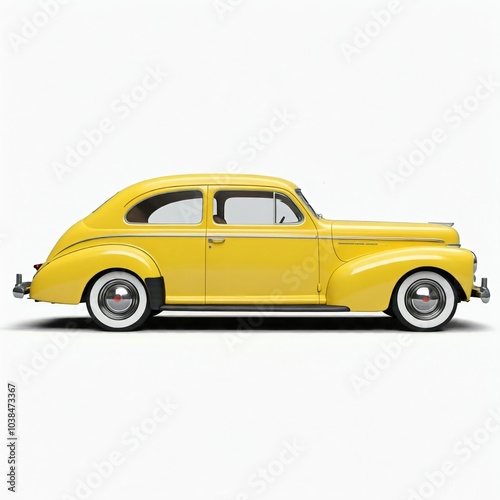 side view of yellow 1940s car isolated on white background