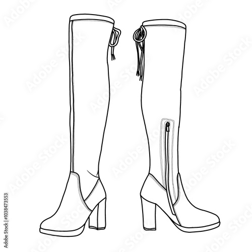 Women's Thigh High Over The Knee Boots Platform Chunky Heel Suede Shoes Line art, Technical sketch hand drawing outline vector doodle illustration side view isolated on white background