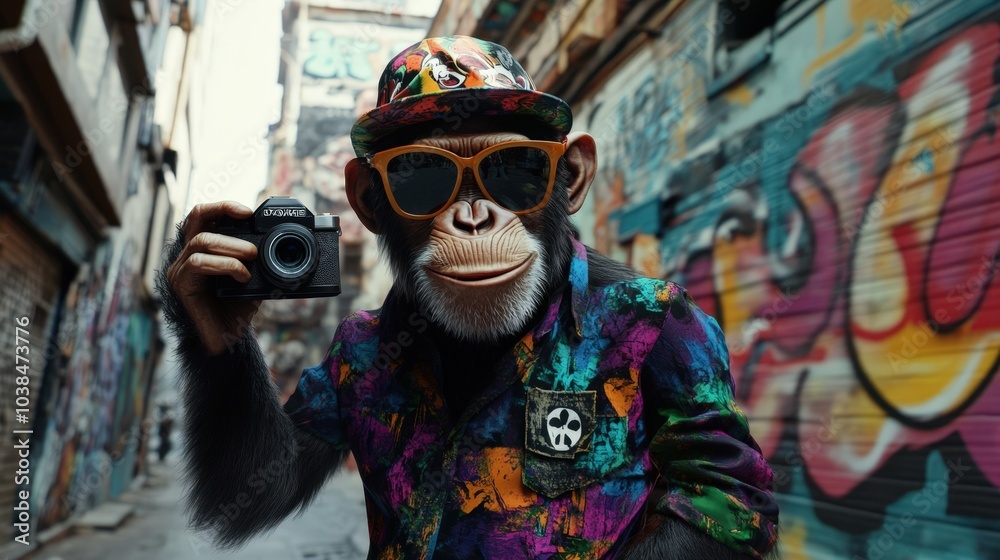 Fototapeta premium Stylish chimpanzee with camera in graffiti alley