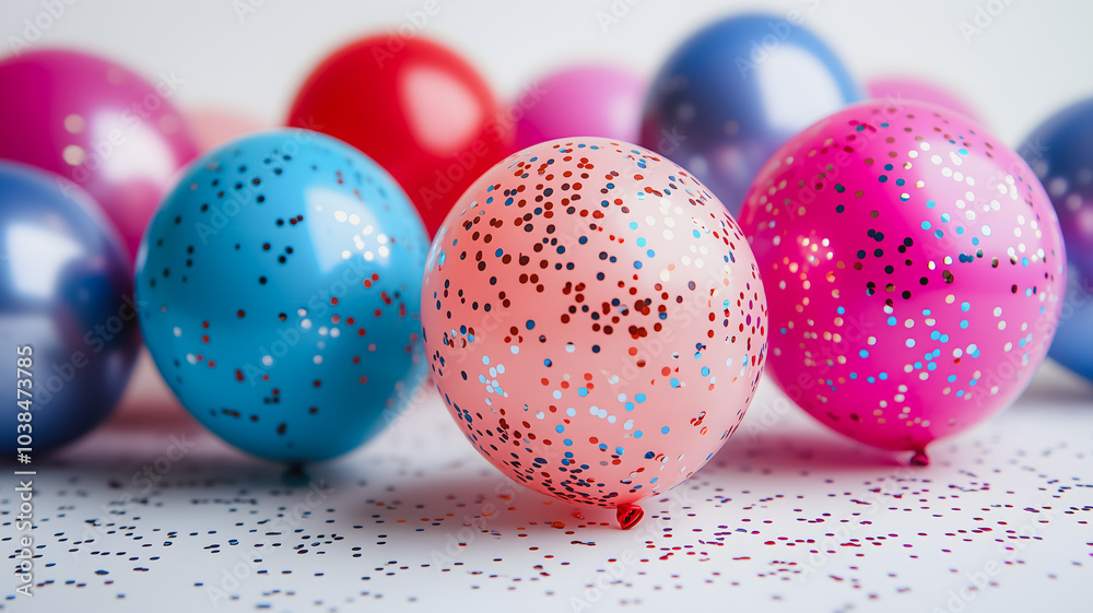 A bunch of colorful balloons with confetti on the ground. The balloons are arranged in a row, with one of them being pink and the others being blue. The scene conveys a festive and celebratory mood A bunch of colorful balloons with confetti on the ground. The balloons are arranged in a row, with one of them being pink and the others being blue. The scene conveys a festive and celebratory mood