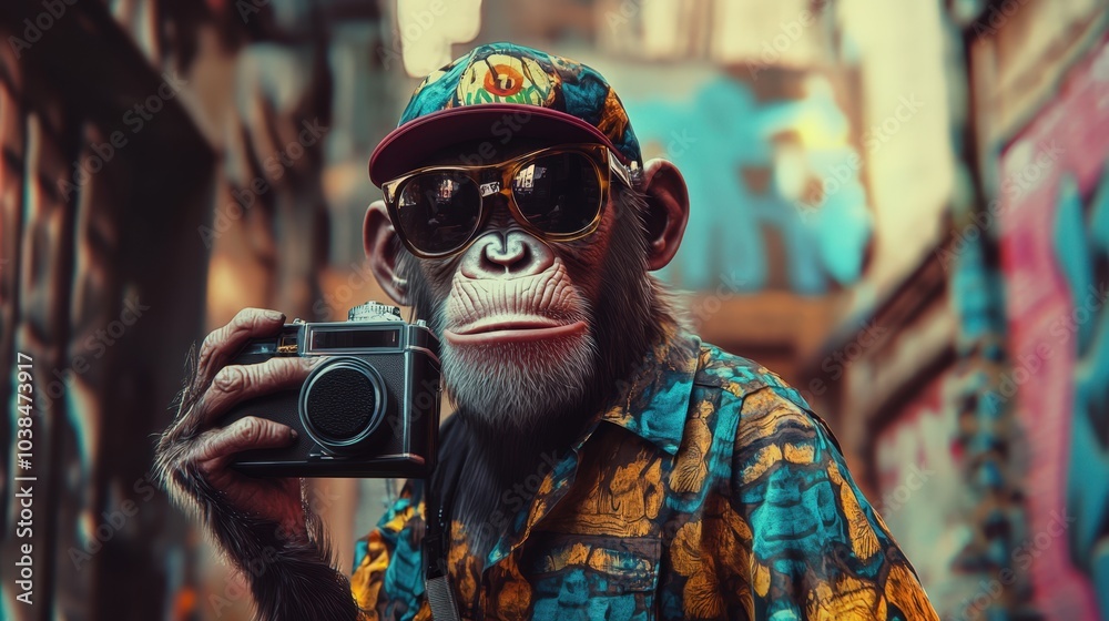 Stylish chimpanzee photographer with camera and sunglasses Stylish chimpanzee photographer with camera and sunglasses