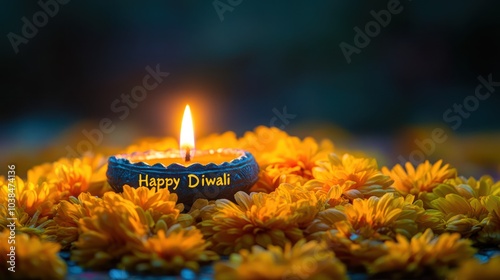 A lit diya candle with the words 