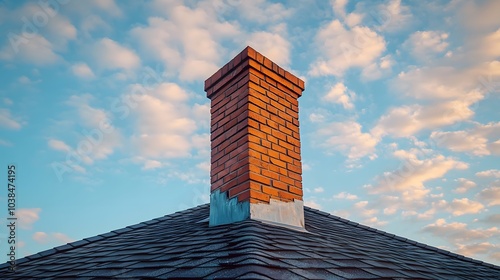 Brick chimney on a shingled roof beneath a blue cloudy sky, residential architecture with roofing details, exterior home view in warm sunlight, textured surfaces in a suburban setting. photo