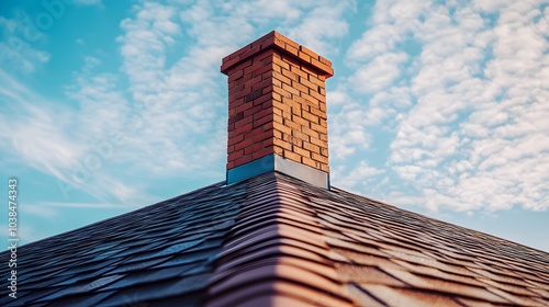 Brick chimney on a shingled roof beneath a blue cloudy sky, residential architecture with roofing details, exterior home view in warm sunlight, textured surfaces in a suburban setting.