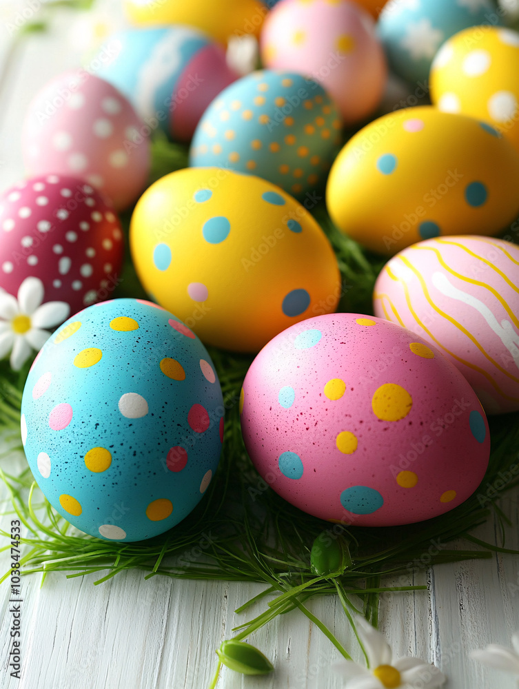 Colorful Easter Eggs on Green Grass with White Wooden Background Colorful Easter Eggs on Green Grass with White Wooden Background